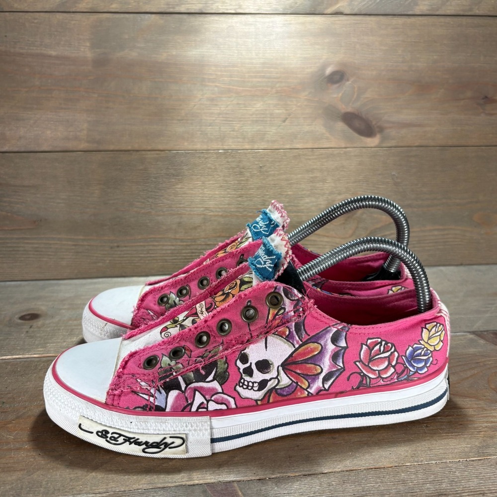 Ed Hardy Womens size 7 shoes Pink Canvas Skull Rose Tattoo sneakers